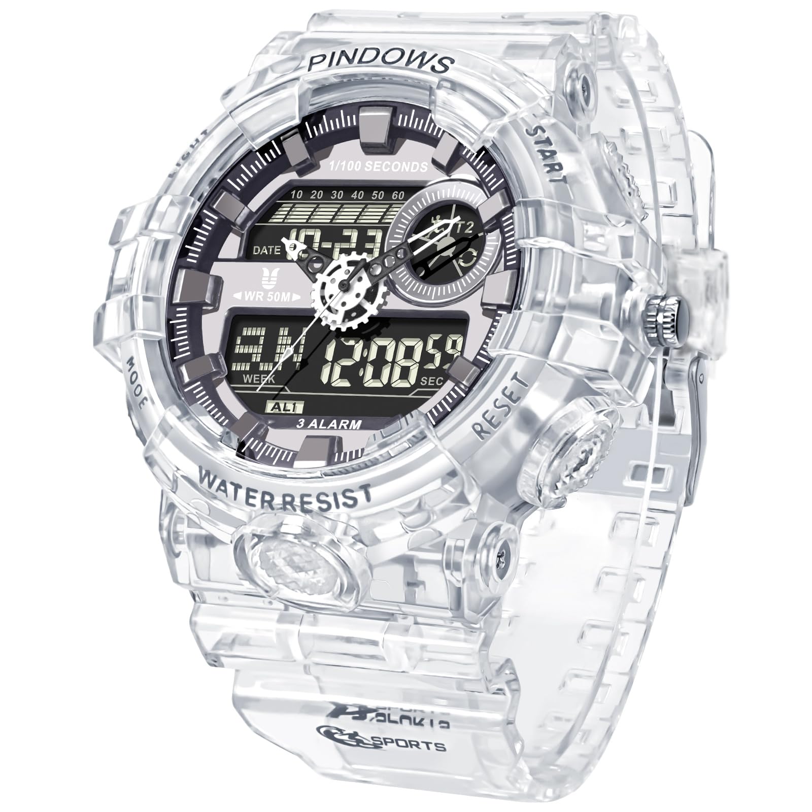 PINDOWS Watch for Men, 50M Waterproof Analog Digital Watches Watch Outdoor Sports Electronic Watch Date Multi-Function LED Alarm Stopwatch.