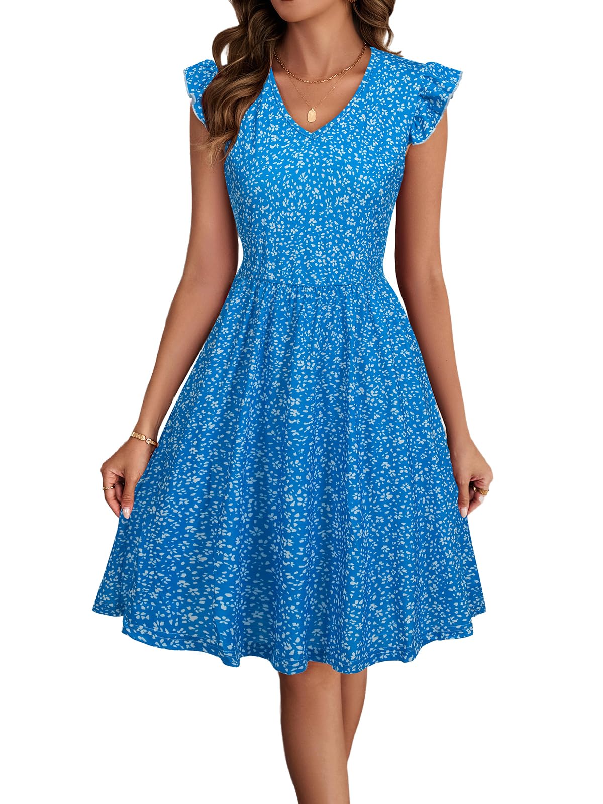 HELYO Women's Summer Dresses Cute V Neck Ruffle Sleeve Cocktail Short Work Casual Dress with Pockets 648