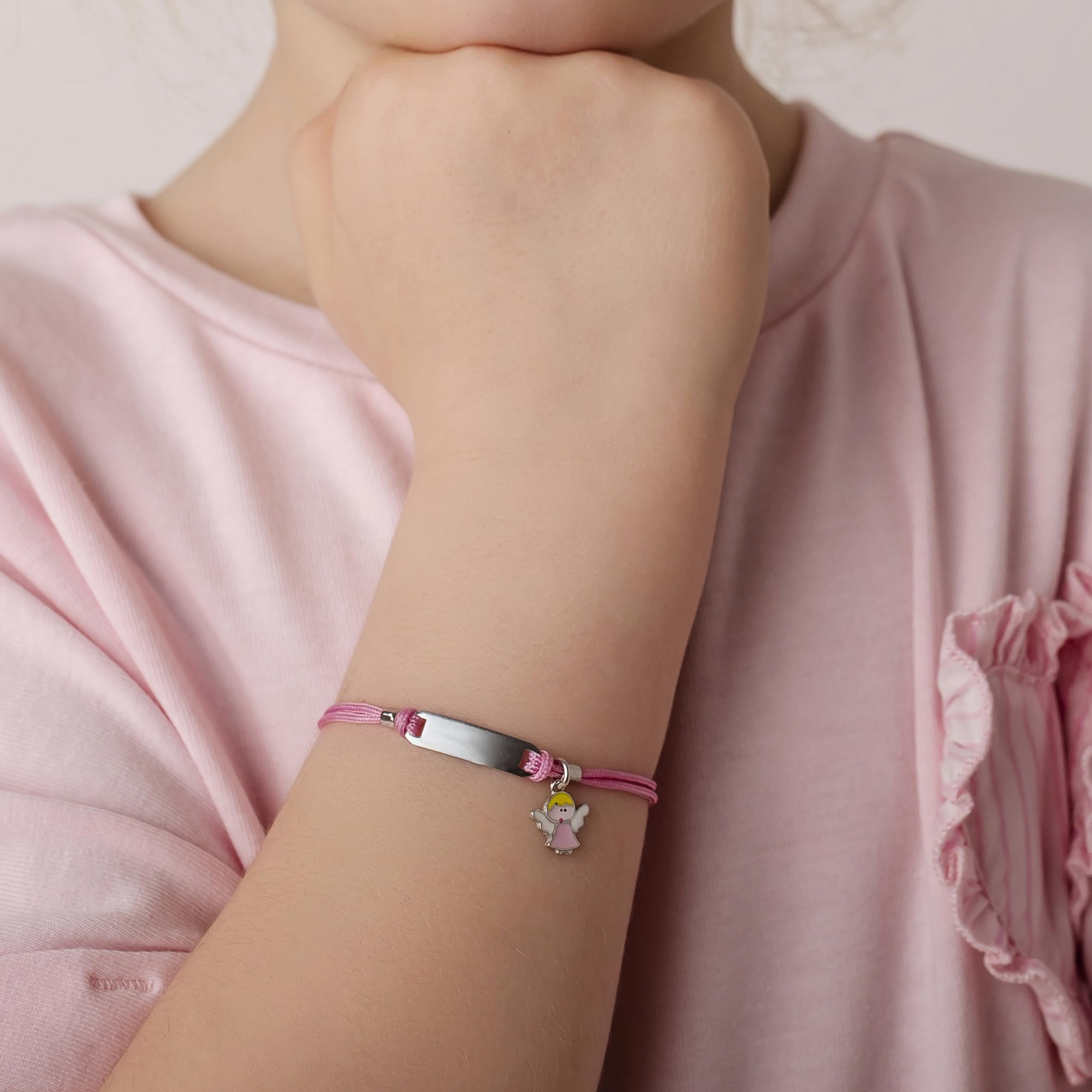 Sakrami Pulsera Niña de Plata 925 con Cordón Rosa y Angelito Kids Collection + Caja Regalo Personalizada - Pulsera para Nacimiento, Comunión o Bautismo