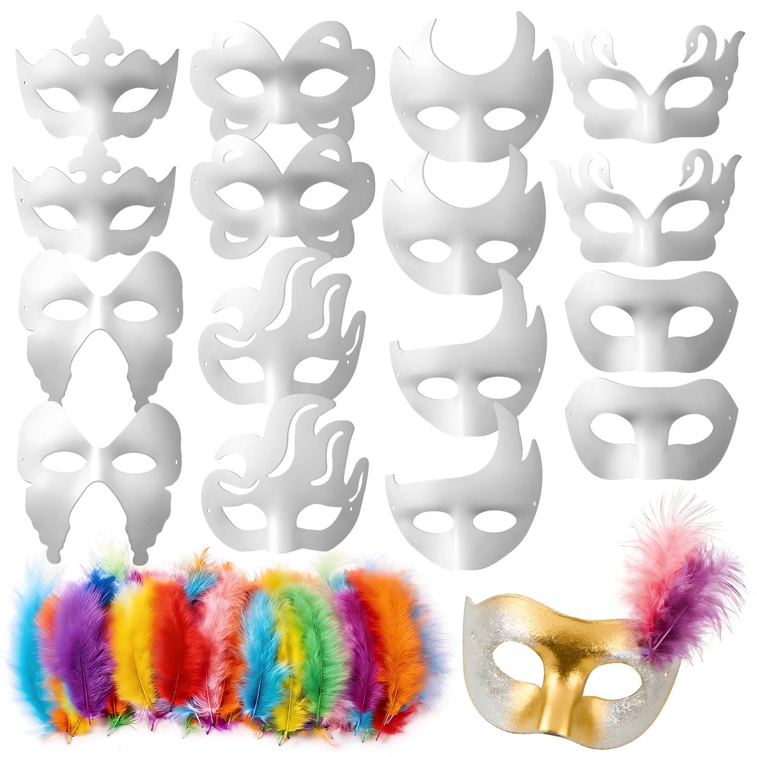 ZHBDMGK White Masquerade Masks, 16Pcs Unpainted Blank DIY Masks in 8 Styles for Mardi Gras Easter Halloween Cosplay Party Supplies