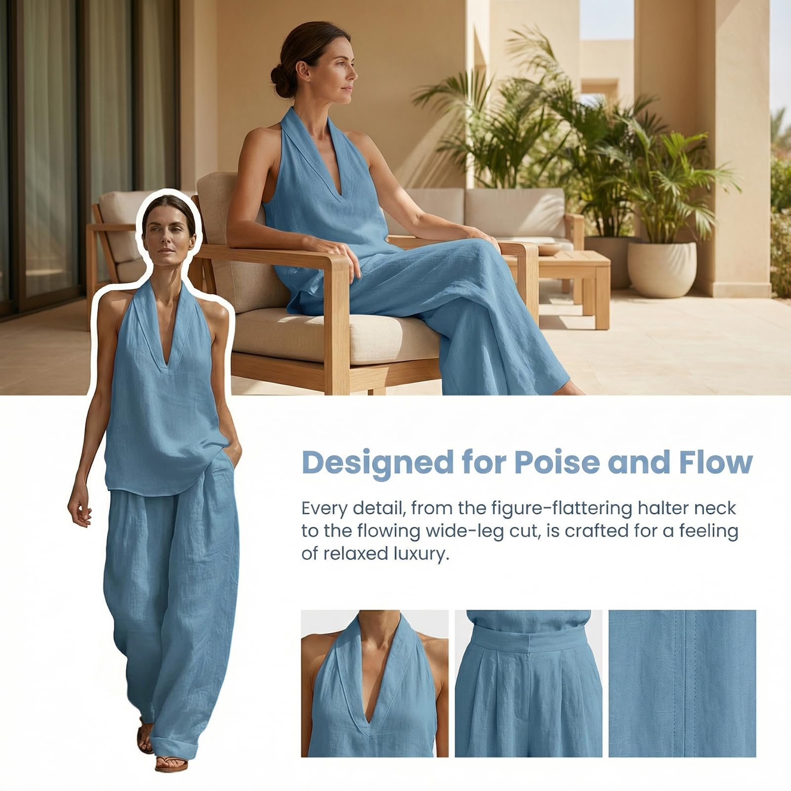 Ropa de Lino Mujer Verano Conjuntos 2 Piezas Suave No Transparente Top Cuello V y Pantalones Anchos Traje Casual Elegante Conjunto Playa Vacaciones Outfit Moda Primavera