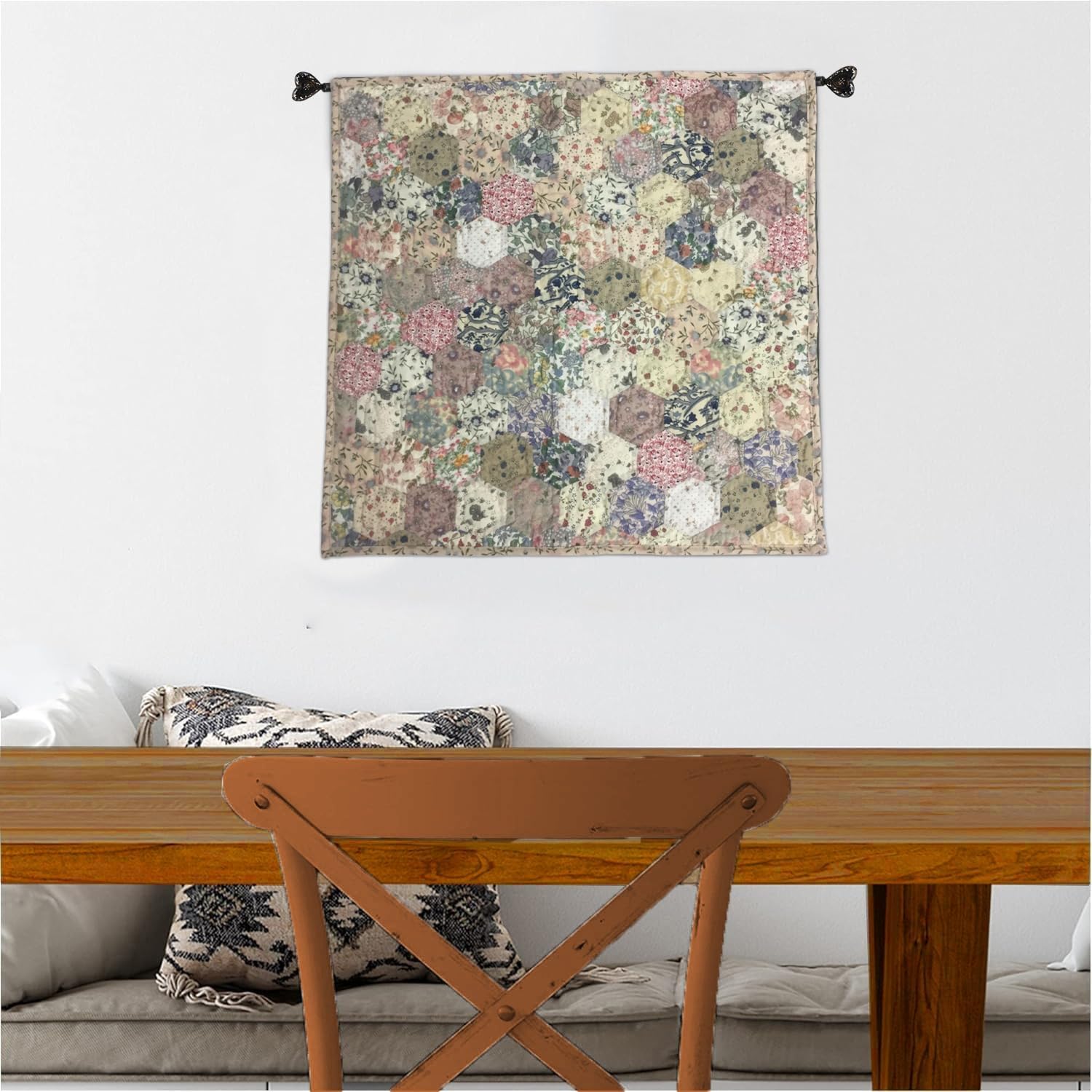 Hand Quilted 19"x19" Calico Floral Cotton Quilt Block Wall Hanging Table Topper with Rod Pocket | Primitive Farmhouse Decor