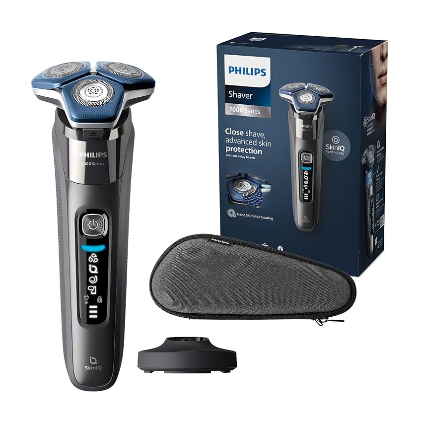 Immagine del prodotto Philips Shaver Series 7000 - Rasoio elettrico da uomo, umido e asciutto, con tecnologia SkinIQ, rifinitore a scomparsa, base di ricarica, custodia da viaggio e spazzola di pulizia (modello S7887/35)