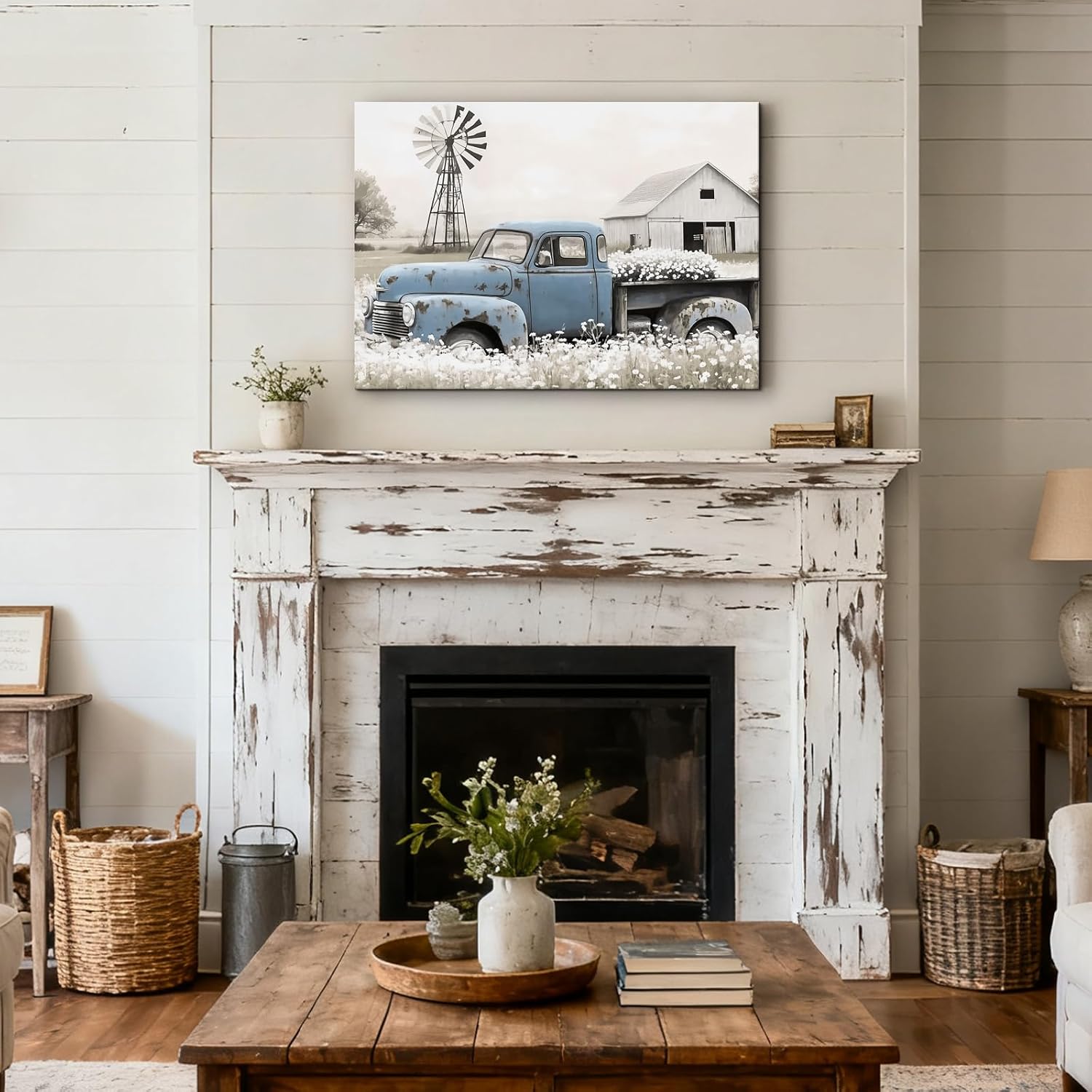 Craftline Rustic Countryside Barn Canvas Wall Art Blue Rusty Old Pickup Truck Pictures with White Flower Meadow Landscape Paintings Country Windmill Poster Cabin Decor for Farmhouse 18x12”