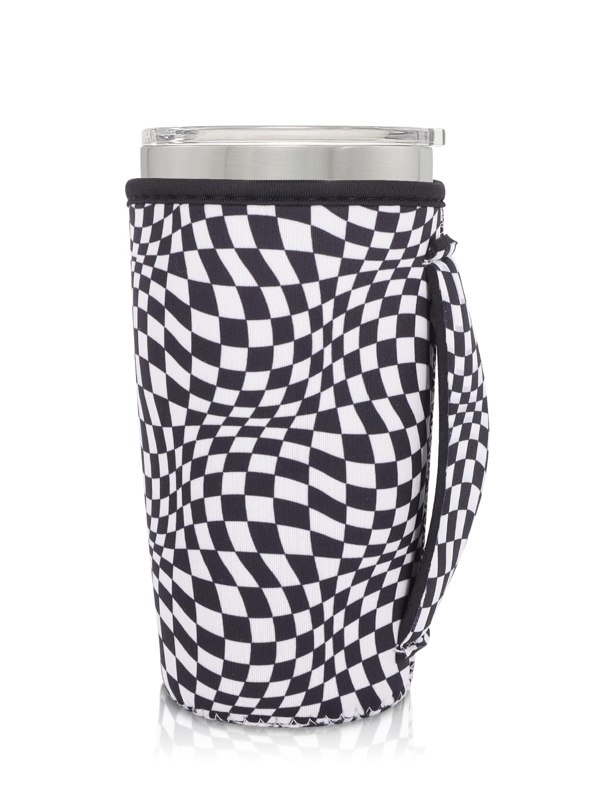 Neoprene Insulated Sleeves Cup Holder with Handle for 20oz Tumbler Cups, Reusable Iced Coffee Sleeve For 30oz - 32oz coffee cups(Black Checkerboard)