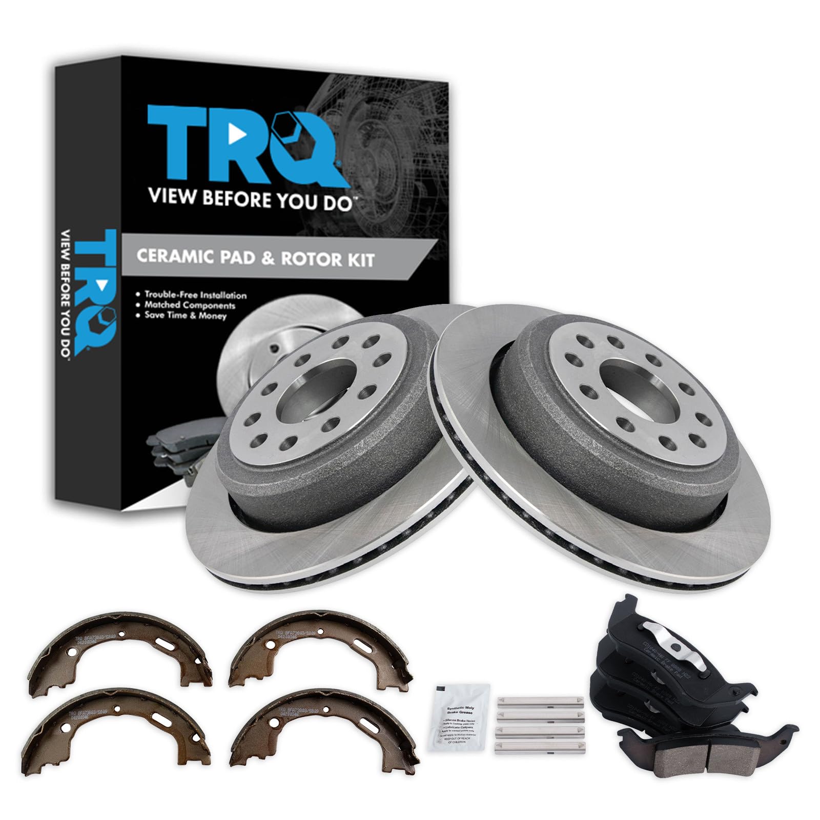 TRQ Rear Brake Pad and Rotor Set Ceramic Parking Shoe Compatible with 2005-2011 Lincoln Town Car
