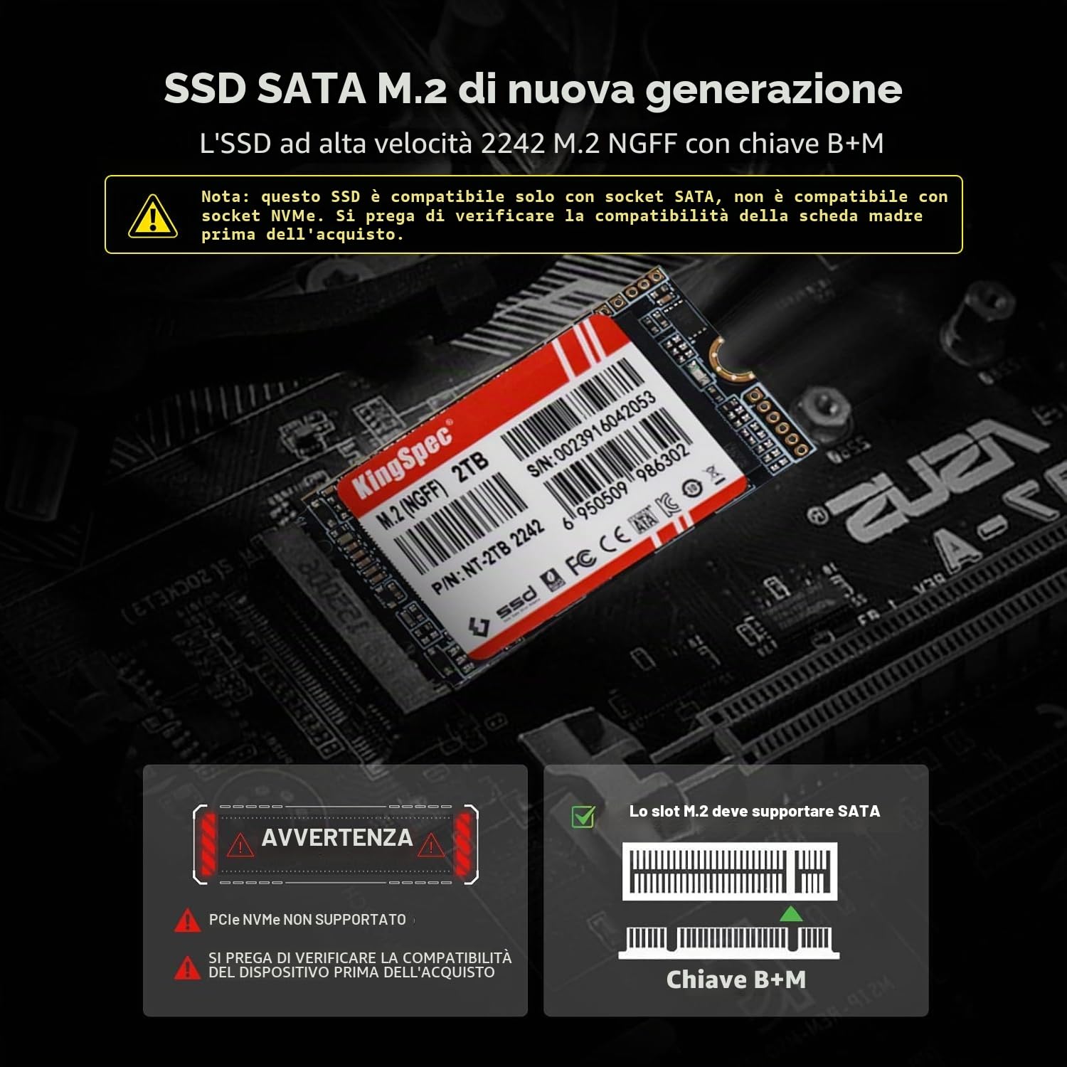 KingSpec SSD M.2 2242 SATA III da 512 GB, non per slot NVMe | SATA3 6Gb/s, chiave B+M, fino a 550MB/s, unità a stato solido interne per aggiornamenti di computer portatili/desktop