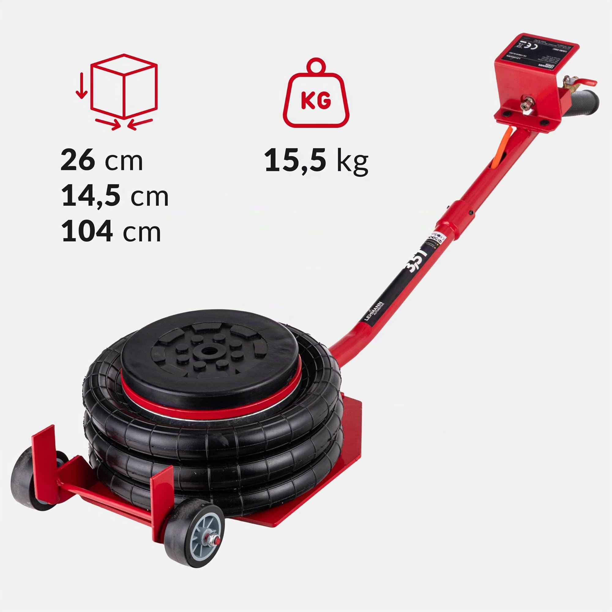 Lehmann Cric Pneumatique 3,5T - Hauteur Réglable 150-400 mm - Patin en Caoutchouc et roulettes de Transport - Cric Voiture Pneumatique pour Voitures, SUV et Camionnettes - Levage Rapide
