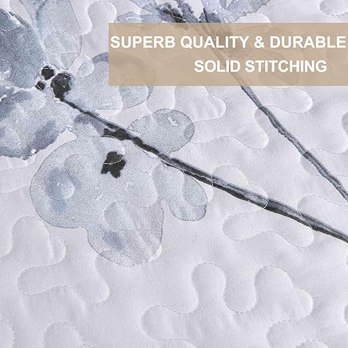 Miniatura 6 de Nanko Juego de edredón de 3 piezas, tamaño Queen, colcha floral de primavera de hojas blancas y grises, colcha suave y ligera, juego de ropa de cama