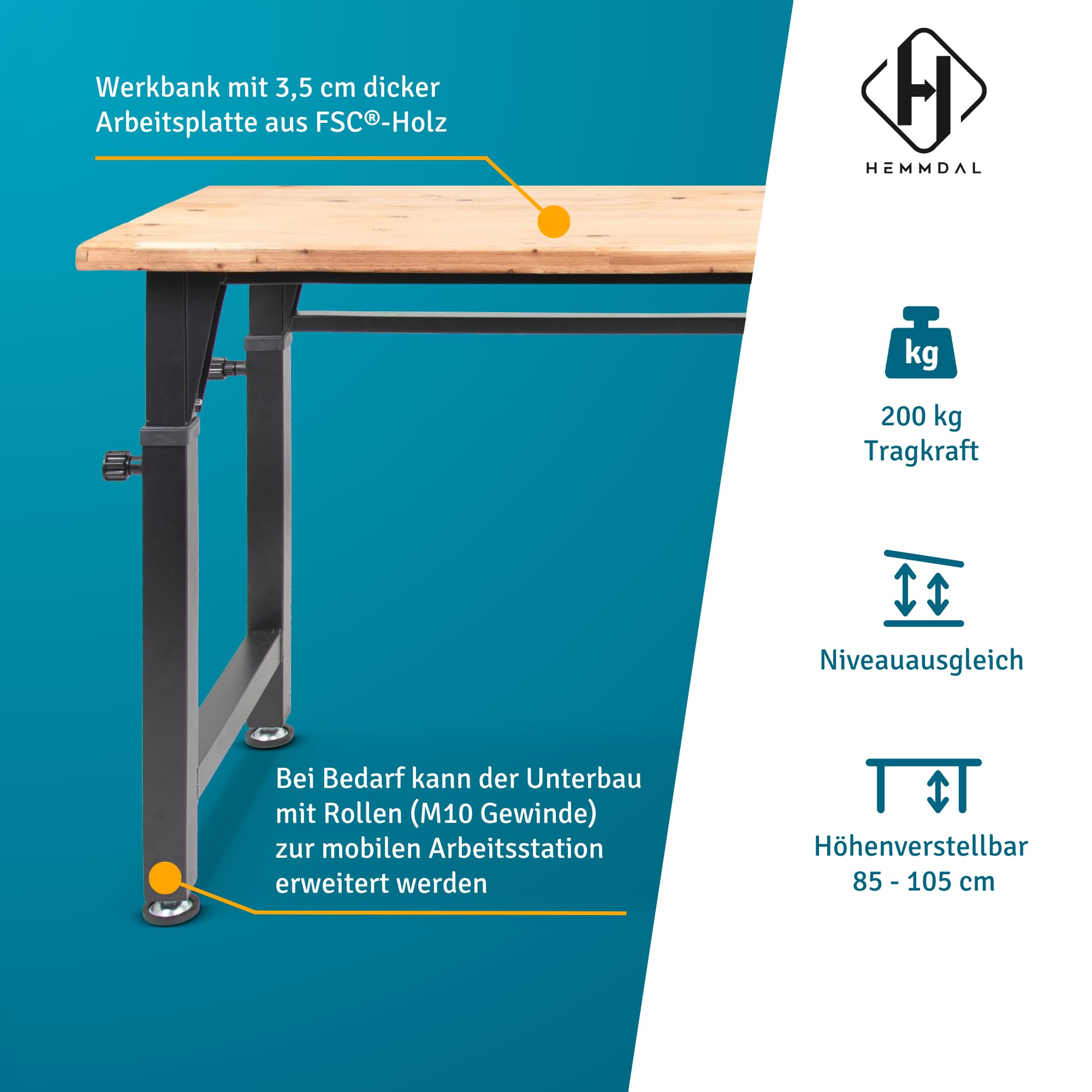 HEMMDAL Werkbank | 200 kg Tragkraft | HxBxT 105 x 135 x 60 cm | 3,5 cm Starke geölte Holzplatte | höhenverstellbar | hochrobust aus pulverbeschichtetem Stahl | Profi-Arbeitstisch | Werktisch