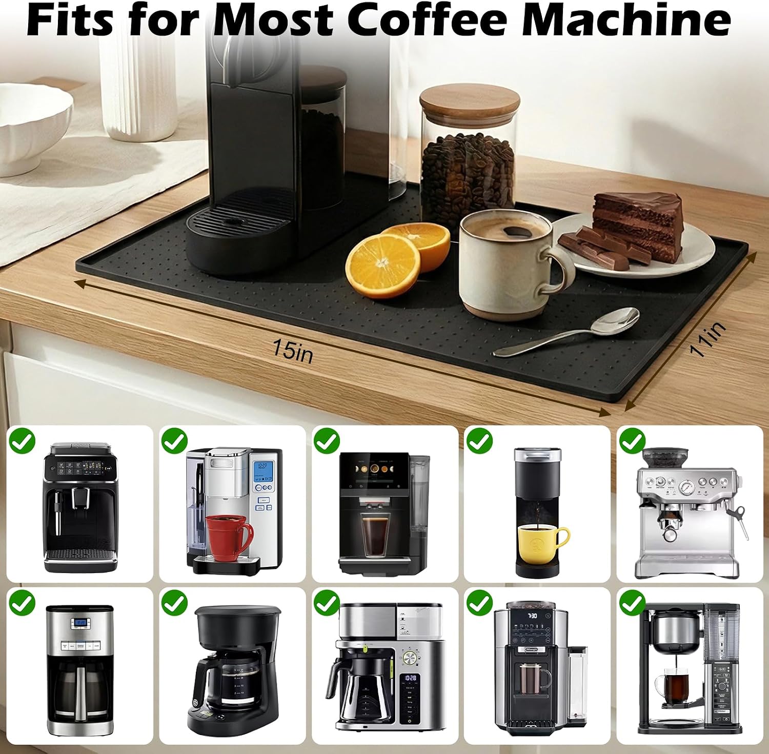 Coffee Mat Non-Slip Waterproof Silicone Bar Mat for Espresso Machine and Coffee Maker Leak-Proof Dish Drying Mats for Kitchen Counter, 11"X15", Black