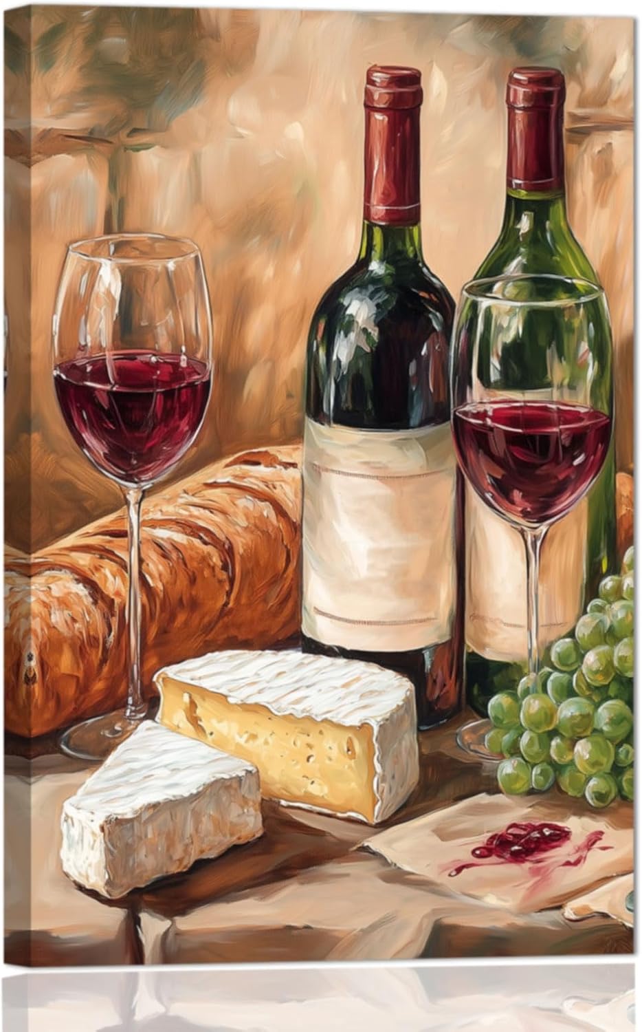 YMXDYMJSW Red Wine Wall Art Kitchen Decor Rustic Wine and Grape Canvas Prints Bread Cheese Pictures Vintage Still Life Artwork for Dining Room Bar Framed (Purple,18L x 12W)