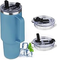 Vista 25 de Vaso de 20 onzas con asa, vaso aislado de acero inoxidable con tapa y pajilla, taza de café aislada al vacío de doble pared, taza térmica de café