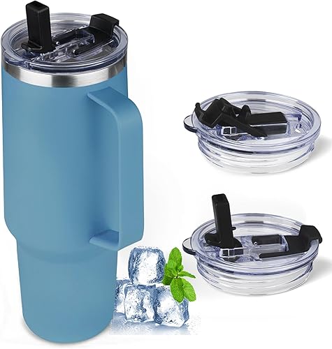 Miniatura 28 de Vaso de 20 onzas con asa, vaso aislado de acero inoxidable con tapa y popote, taza de café de doble pared con aislamiento al vacío, taza térmica