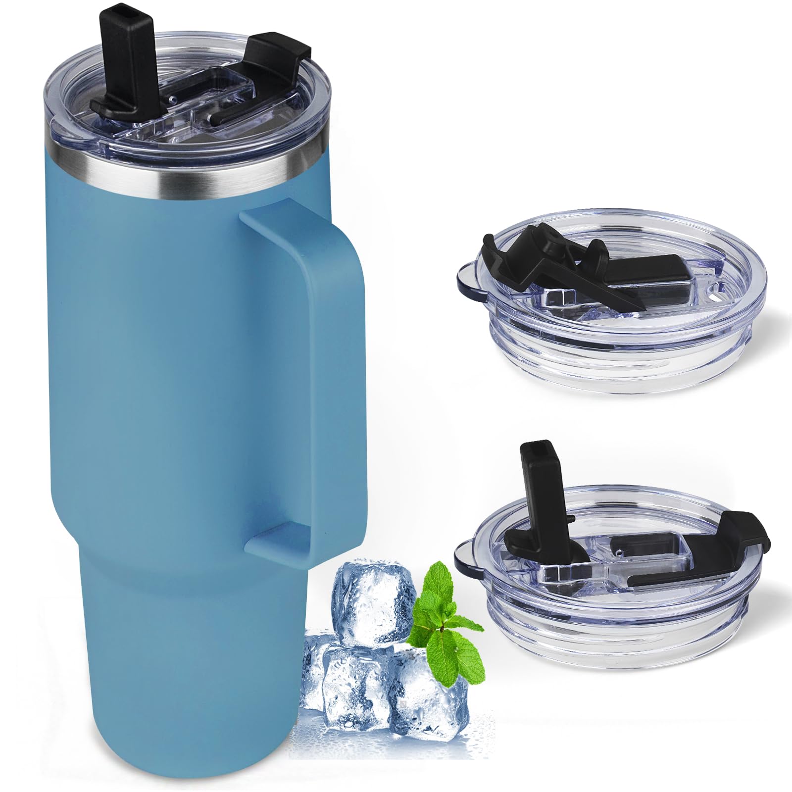 40 oz Tumbler with Handle and Flip Straw, 100% Leakproof Insulated Tumbler with Lid and Straw, Stainless Steel Travel Coffee Mug, Insulated Coffee Thermal Cup for Cold and Hot (Maya Blue)