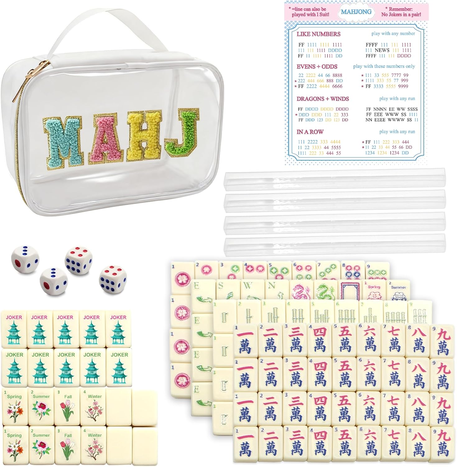 Mini Mahjong Set,American Mahjong Game Set,Complete Mahjong Tile Set with 166 White Tiles (0.8’’),4 Tile rulers,4 dice,1 Bag,5 Instruction Manuals,Perfect Mahjong Game Gift for Enthusiasts