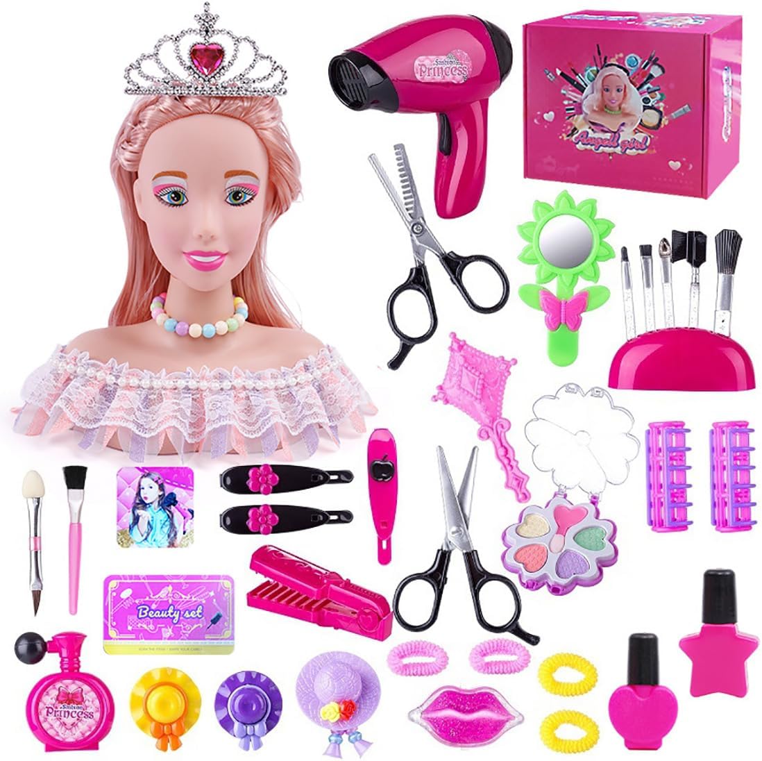 39PCS Hair Styling Doll Head Makeup for Girls Toys, Kids Practice Pretend Play Beauty Set with Hairdryer Curling Iron Crown Brushes Comb Birthday Gifts for Girls 3 4 5 6+ Years Old Christmas