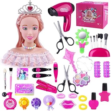 36PCS Hair Styling Doll Head Makeup for Girls Toys, Kids Practice Pretend Play Beauty Set with Hairdryer Curling Iron Crown Brushes Comb Birthday Gifts for Girls 3 4 5 6+ Years Old Christmas