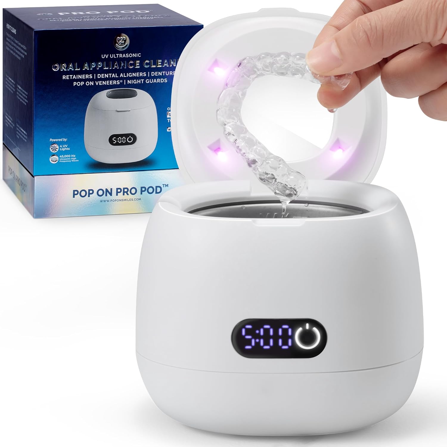 Ultrasonic Retainer Cleaner Machine for Invisalign – 45kHz Denture Cleaner Machine for Aligners with 4 UV Lights, 200ml Tank Capacity & Digital Timer – Dental Cleaning Pro Pod for Night & Mouth Guards