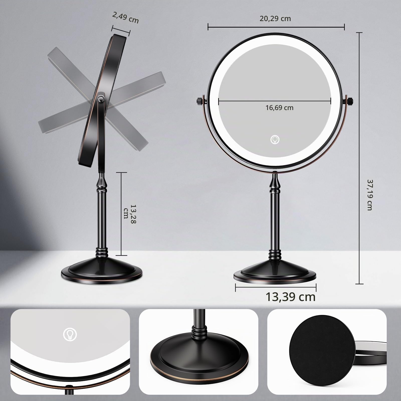Nicesail Miroir Grossissant sur Pied Noir Bronze x10 - Miroir Maquillage Lumineux - Miroir de Table Rétro - Rechargeable - Trois Couleurs de Lumière - Salle de Bain,Diamètre 20cm