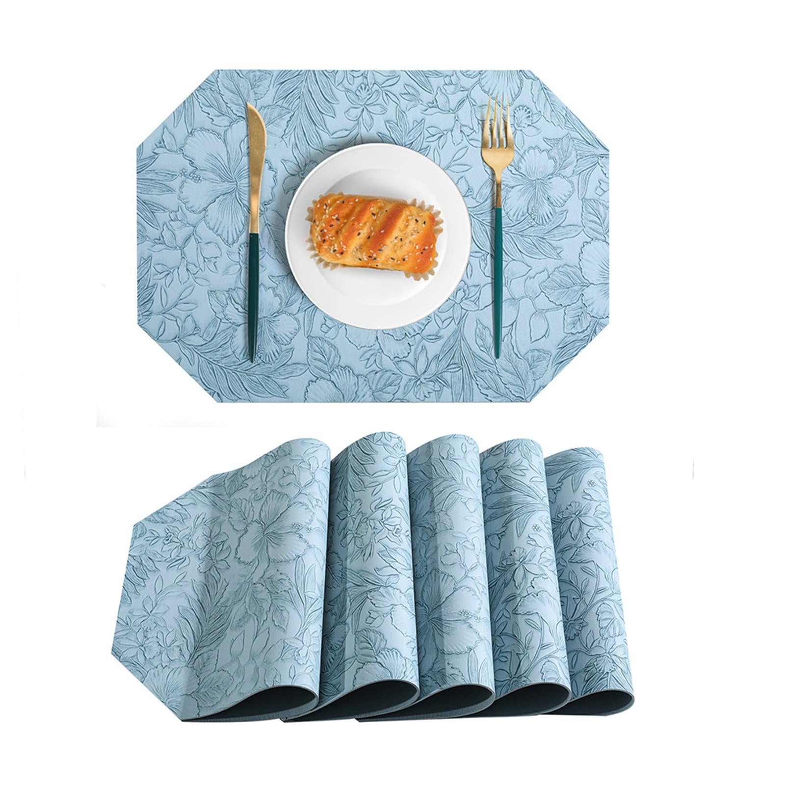 Set di 8 tovagliette ottagonali, effetto pelle, fiori in rilievo, blu cielo, 30 x 43 cm, per cucina, tavolo da pranzo, matrimonio, lavabili