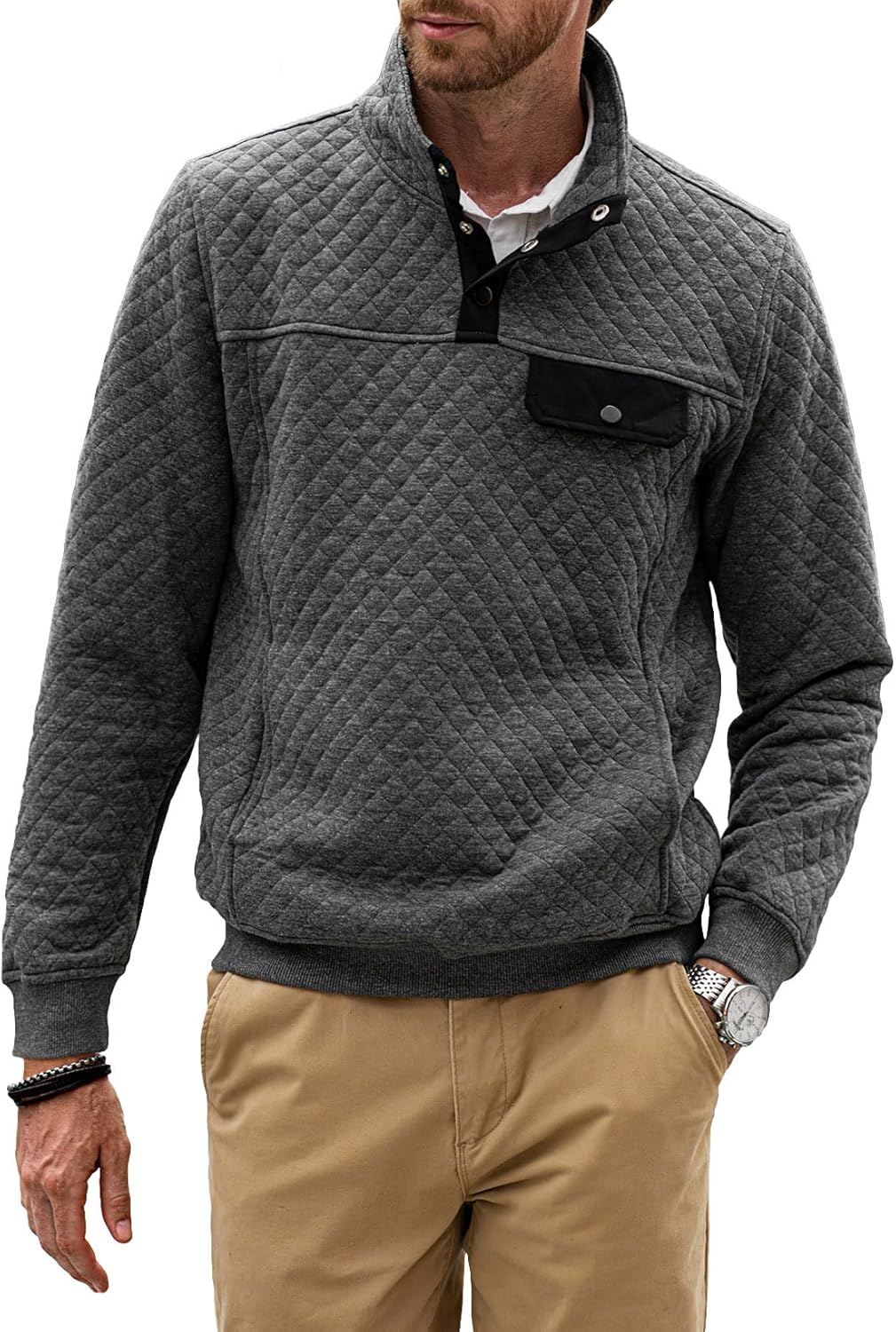 JMIERR Men's Quilted Sweatshirt Casual Long Sleeve Outdoor Stand Collar Button Pullover Sweatshirts