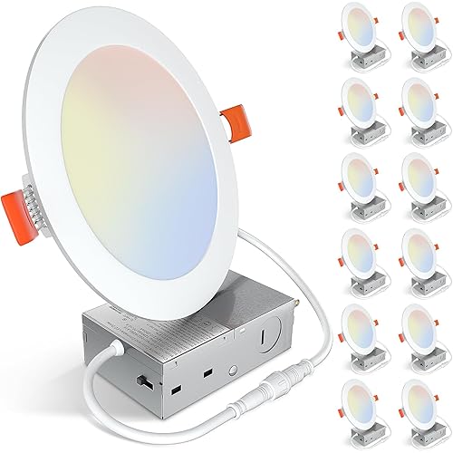 12 Pack 6 Inch 5CCT Ultra-Thin LED Recessed Ceiling Light with Junction Box,2700K/3000K/3500K/4000K/5000K Selectable,Dimmable Canless Wafer Downlight, 12W, ETL&FCC