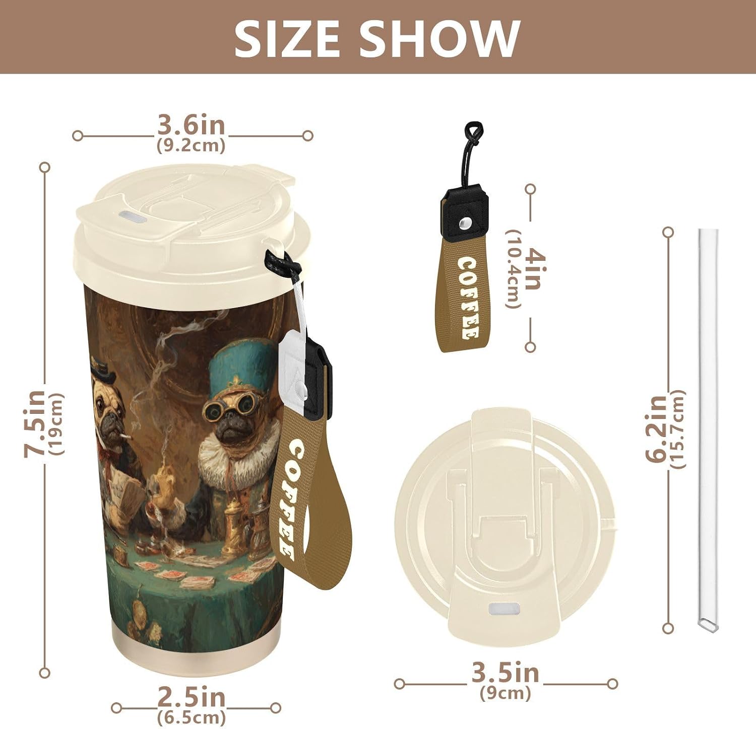 Dog Porker Funny Insulated Coffee Mug with Straw & Flip Lid, 16.9oz Iced Tumbler Cup, Double Wall Vacuum Leak-Proof Mug for Travel Office