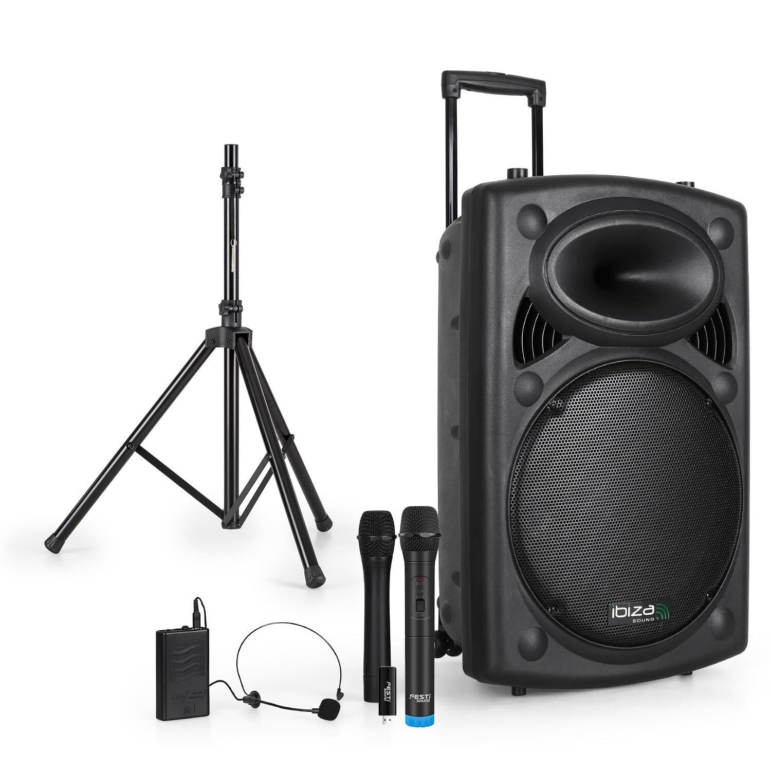 Ibiza Sound Enceinte Sono Portable 15" 800W Batterie Bluetooth Karaoké 3 Micros VHF Main Tête, Support Pied