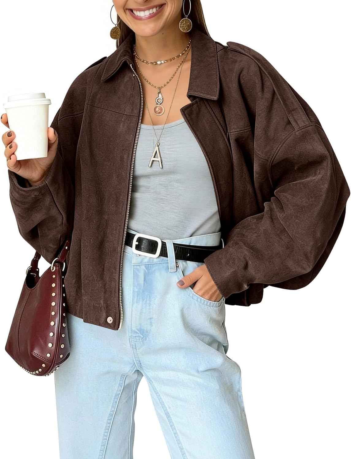 Kissonic Womens Faux Suede Bomber Jacket Oversized Batwing Long Sleeve Zip Up Cropped Coat Streetwear