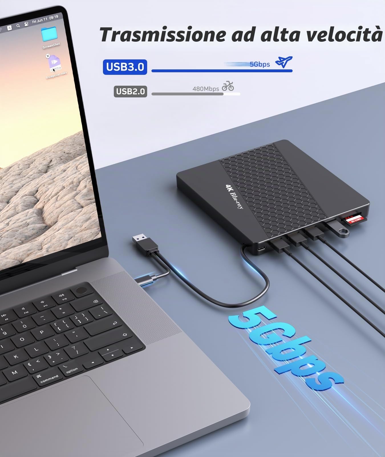 Unità Blu-ray esterna 4k per pc, lettore Blu Ray UHD portatile 4K, porta SD/TF con custodia per il trasporto, lettore Blu-Ray HD US8 3.0, unità ottica esterna DVD+/-RW per MacBook Pro Windows
