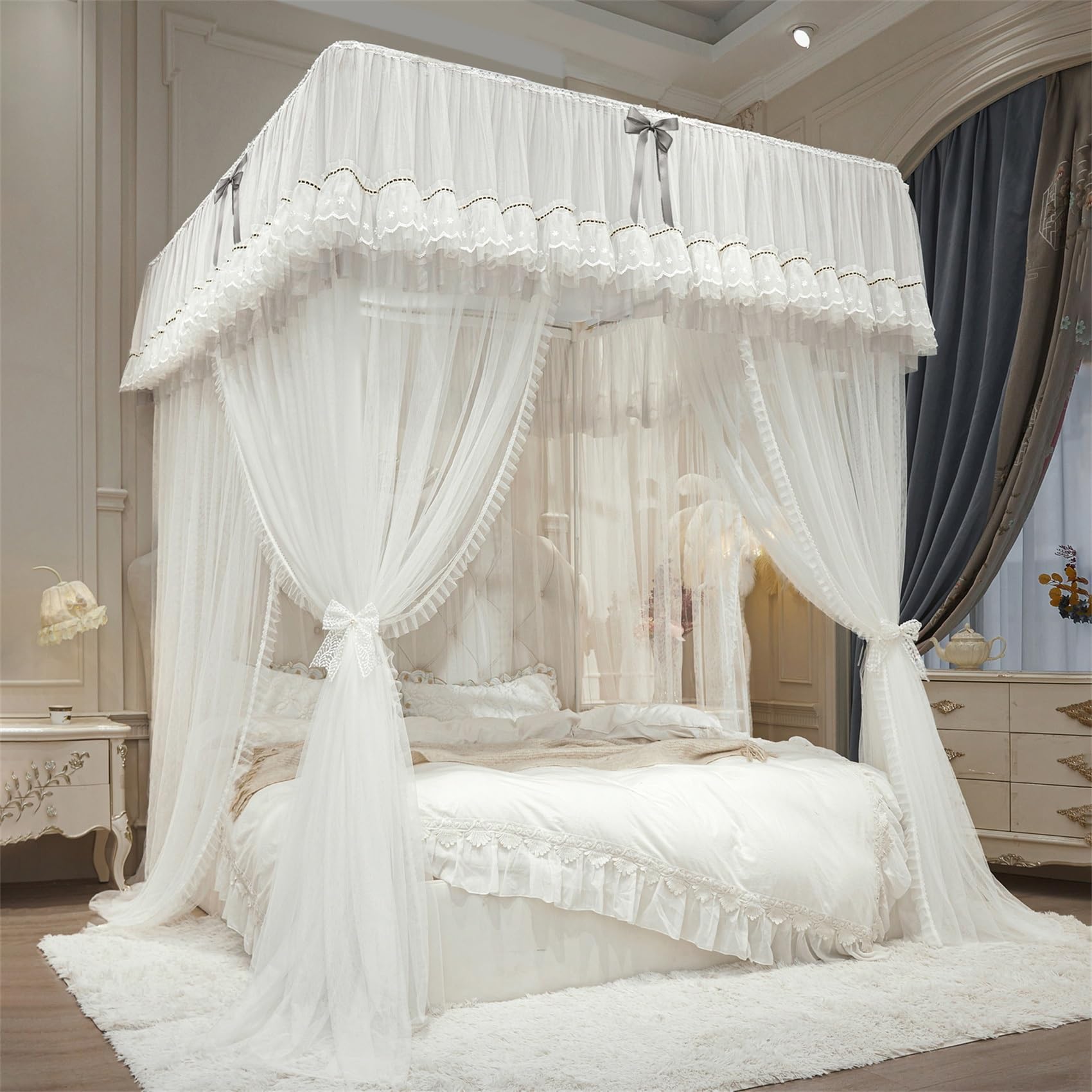 GUOIOOI Bed Canopy,Dream Ruffle Lace Double Layer Princess Canopy Bed Curtains with Frame for Queen/Full Bed – Romantic Privacy for Light-Sensitive Adults Bedroom Decoration(White,King/2x2.2M)