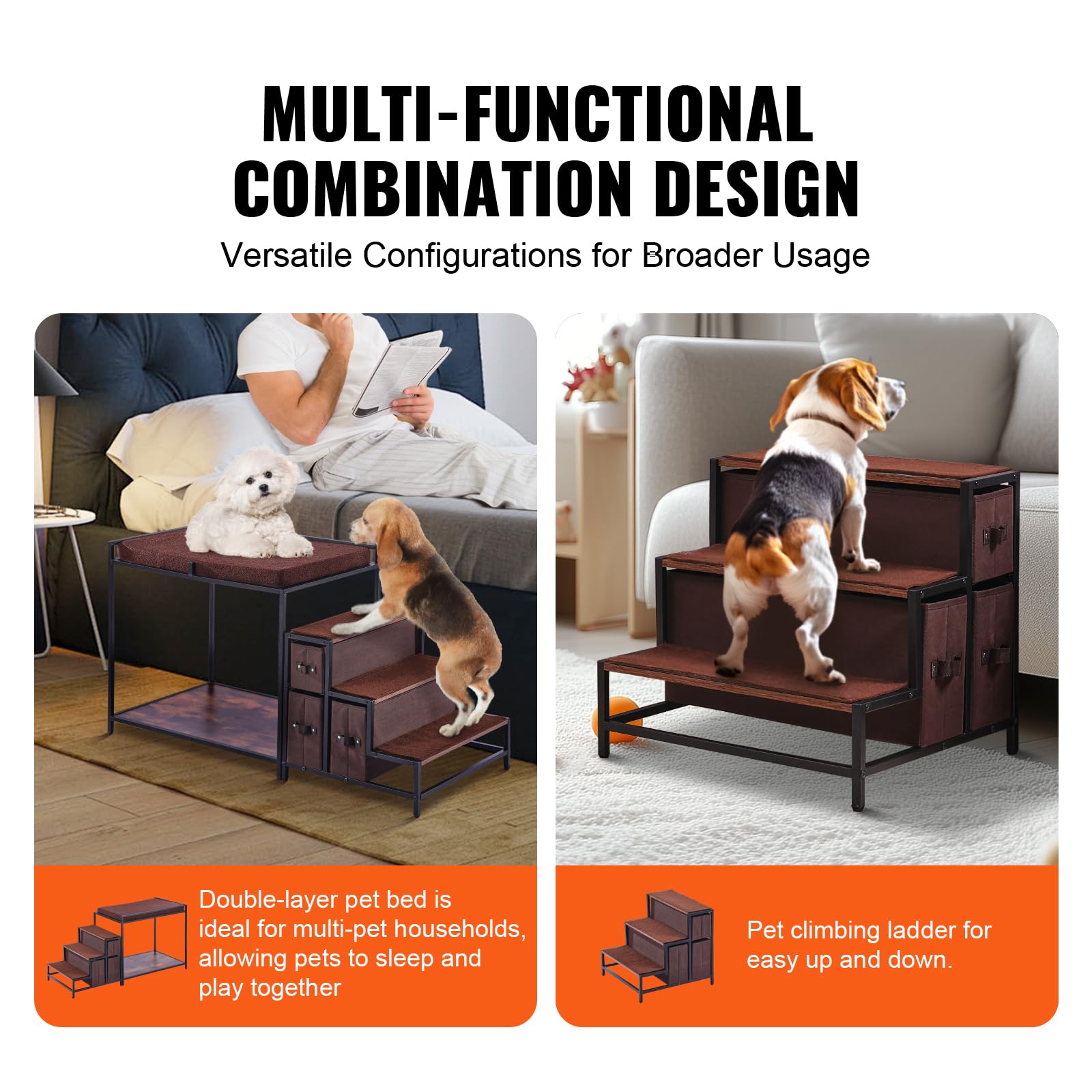 Stapelbed voor huisdieren met verwijderbare trap, vensterbank voor honden/katten met opbergruimte, bed met meerdere niveaus, hondensofa, zitplatform voor huisdieren, 830 x 450 x 675 mm (bruin) | NL