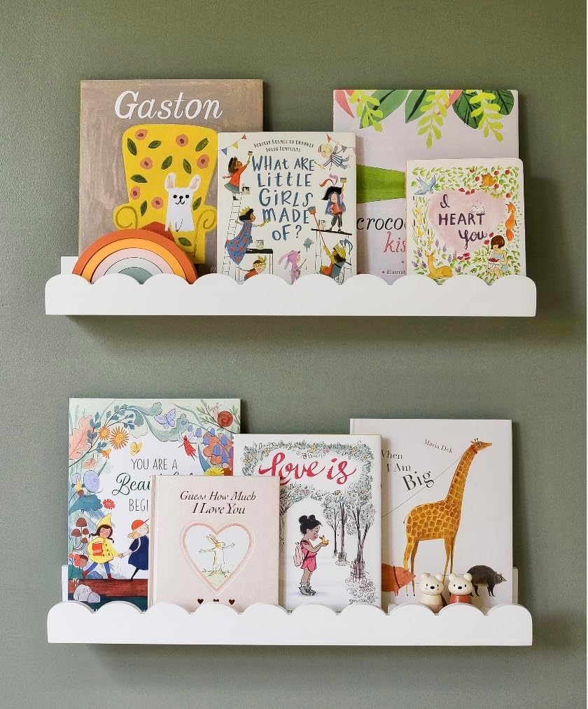 Floating Nursery Book Shelves Wall | Pair of 24in Scalloped Book Shelves for Kids Room | Cloud Shelves for Homeschool | Baby Bookshelf | White Shelves for Wall | Cottage Decor for Baby Registry