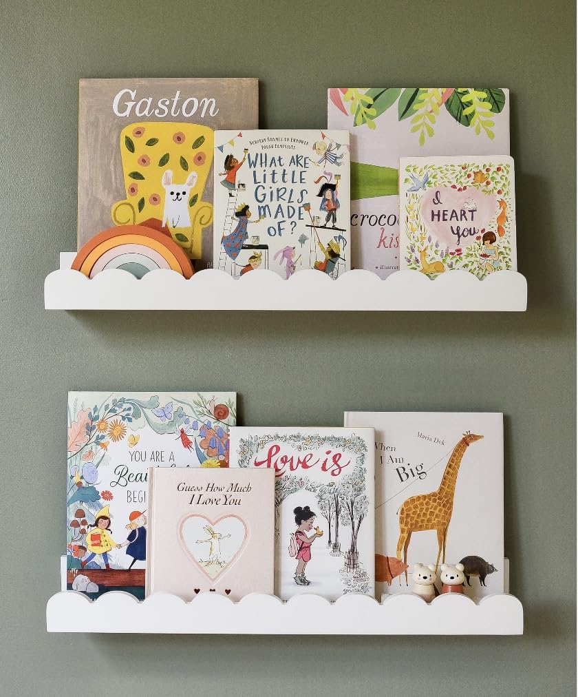 Floating Nursery Book Shelves Wall | Pair of 24in Scalloped White Nursery Book Shelves for Kids Room | Cloud Shelves | Easy to Install Baby Bookshelf for Nursery | Nursery Shelves for Wall