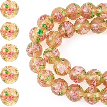 Cheriswelry 40Pcs/Strand Gold Sand Lampwork Beads Handmade Glass Round with Flower Loose Beads 10mm for Rosary Making Necklace Earring Jewelry SuppliesGold