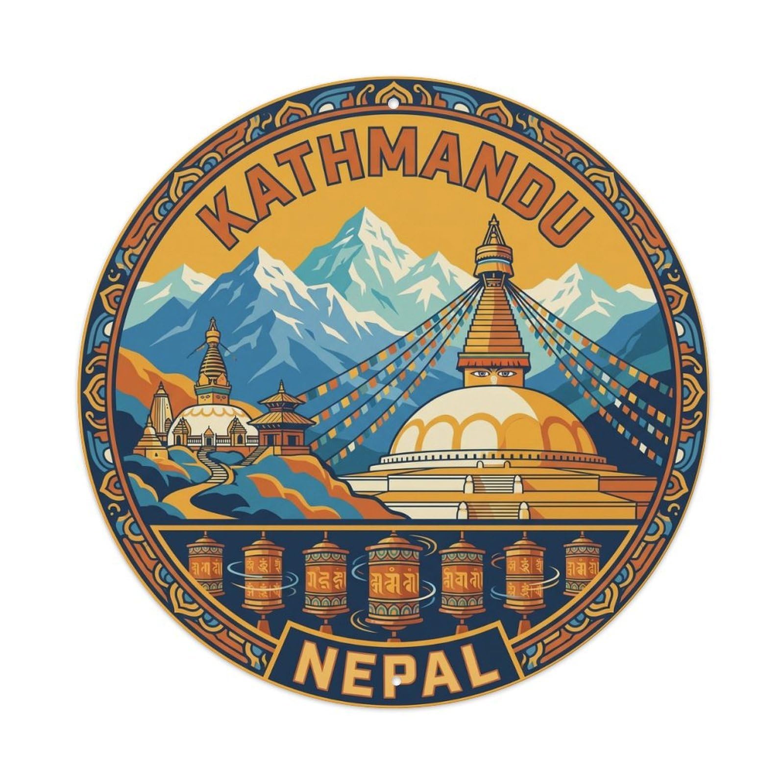 Yrnq 8X8inch Vintage Style Vintage Travel Kathmandu Nepal Stupa Metal Tin Sign