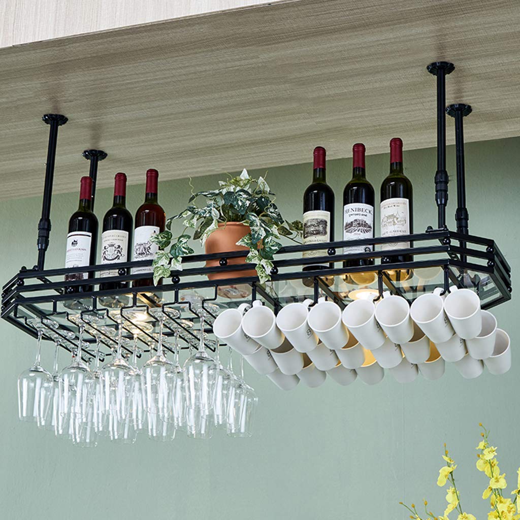 Casier à vin suspendu en hauteur réglable avec porte-gobelet en verre noir
