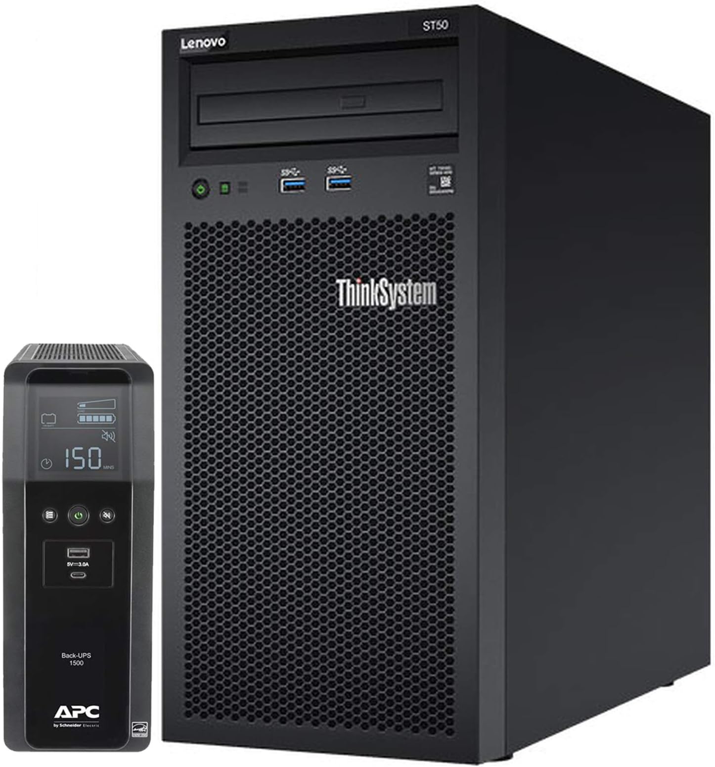 Lenovo ThinkSystem ST50 Tower Server Bundle Including APC BR1500MS 1500VA UPS, Intel Xeon 3.4GHz CPU, 32GB DDR4 2666MHz RAM, 6TB HDD Storage, JBOD RAID