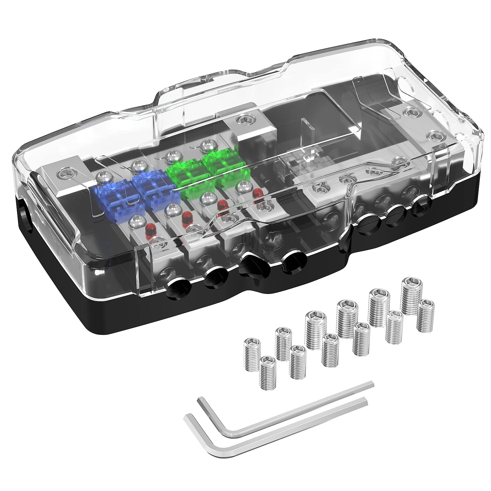 4 Way Fuse Block, 12V Blade Fuse 4 Way Car Audio MIDI(Mini-ANL) Fuse Block with LED Indicator Waterpoof Cover for 12V Automotive Truck Boat Marine RV Van Vehicle Stereo Amp (with 6pcs MIDI Fuse