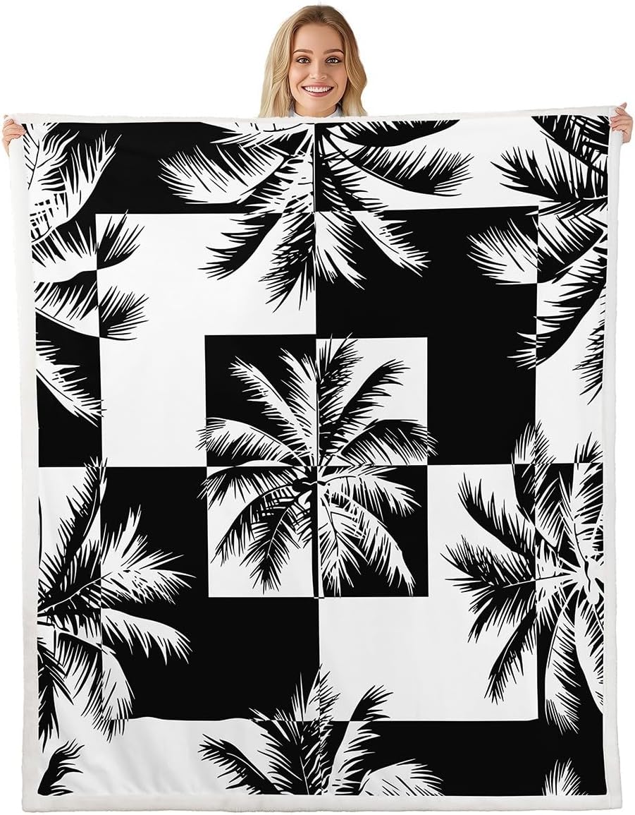 Feelyou Palm Tree Print Sherpa Blanket Tropical Palm Leaf Throw Blanket for Couch Bed Sofa Black White Geometric Square Decor Fleece Blanket Hawaiian Nature Theme Fuzzy Blanket Queen 90"x90"