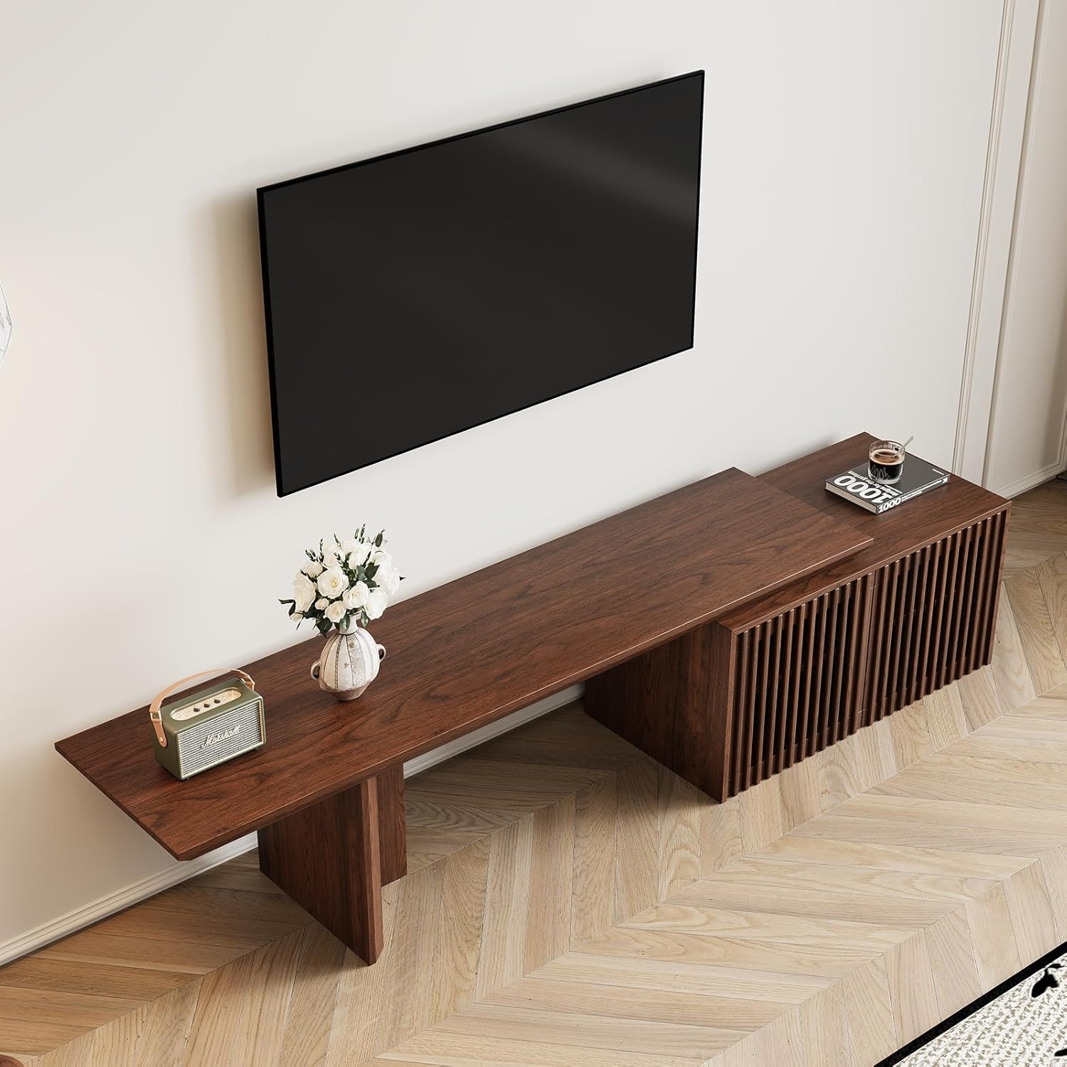 Modern TV Stand, Entertainment Center with Storage, Extendable TV Media Console for Up to 55+ Inch, Minimalist Television Cabinet for Living Room/Bedroom - Walnut (63"-86.6" Extendable)