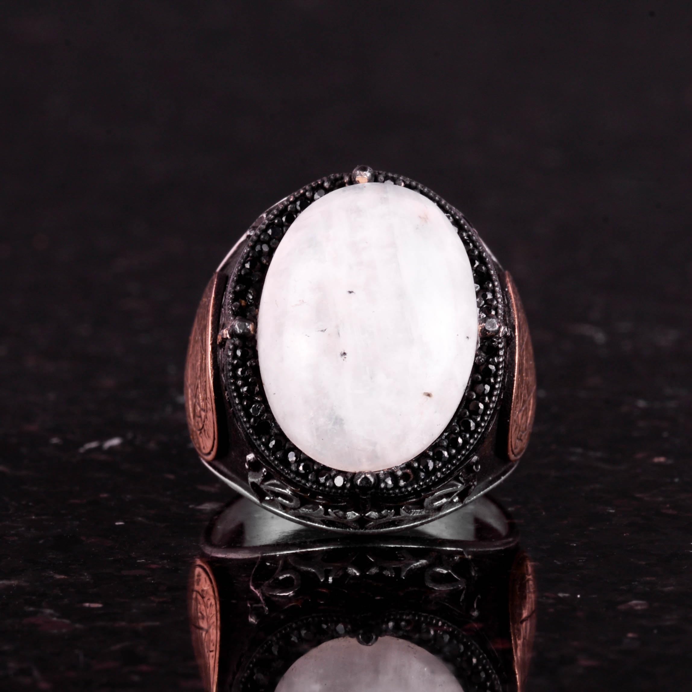 KAMBO Siegel des Salomon Ring, Mondstein Edelstein Ring - Mystischer 925K Massiver Sterling Silber Herrenring - Mondstrahlung Design, Silberedelstein, Mondstein, Silberner Edelstein, Mondstein