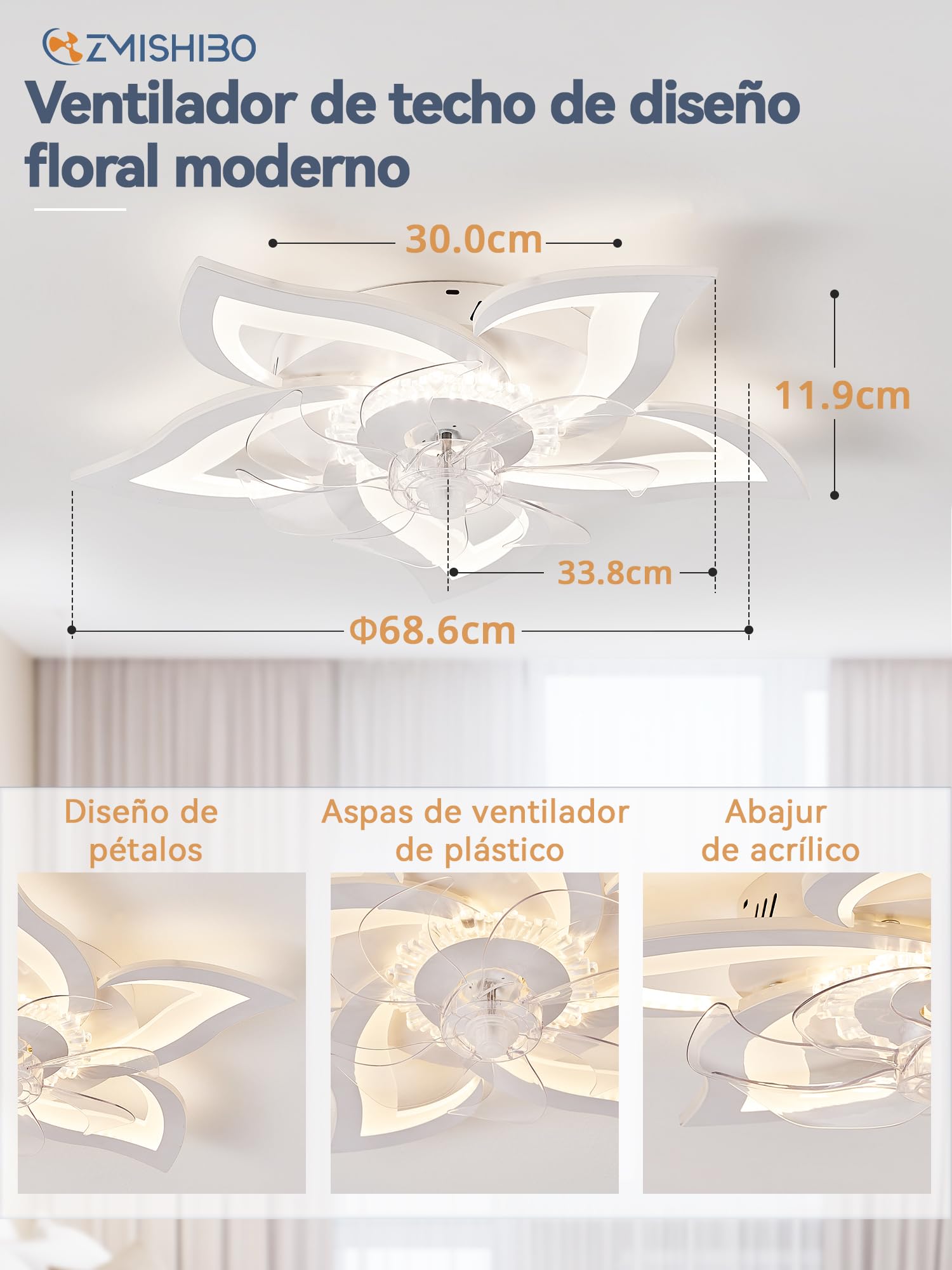 ZMISHIBO Ventilador de Techo con Luz Silencioso Floral Blanco 69cm, Motor DC Inversible 6 Velocidades, LED Regulable, APP Bluetooth para Dormitorio, Cocina y Comedor