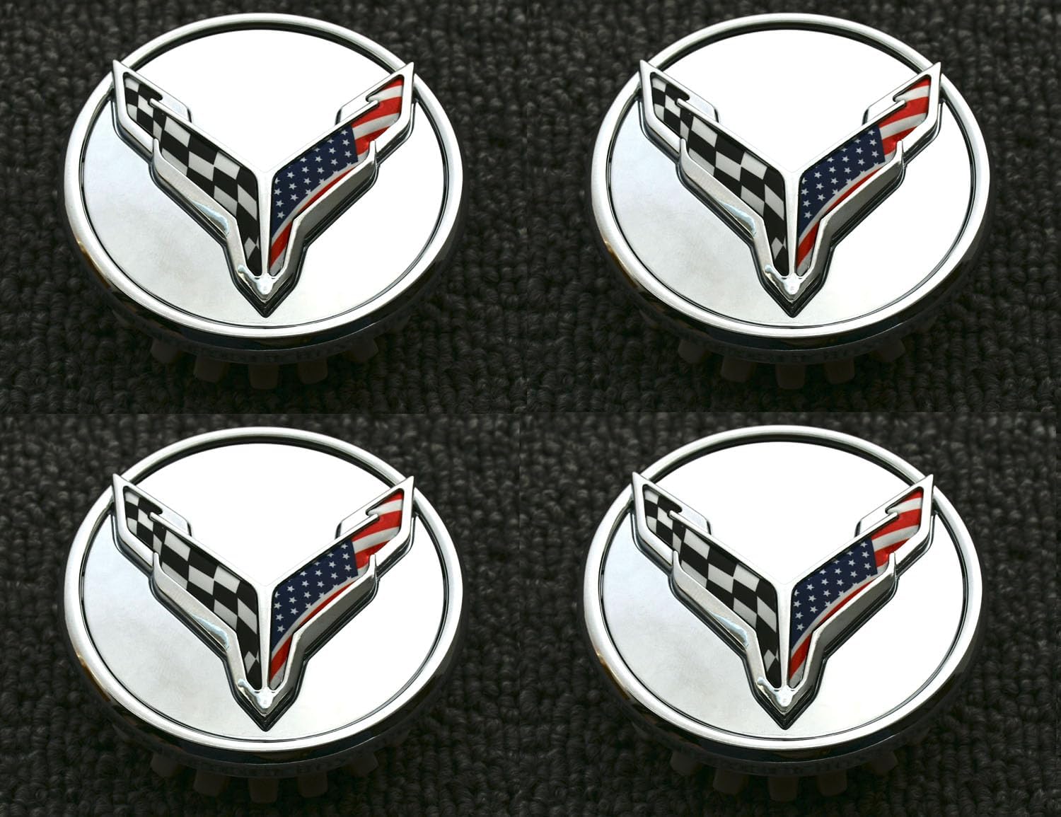 Set of 4 USA Flags Wheel Center Cap Flash Cross Replacement for 2020-2025 C8 Corvette 84691535 White Black