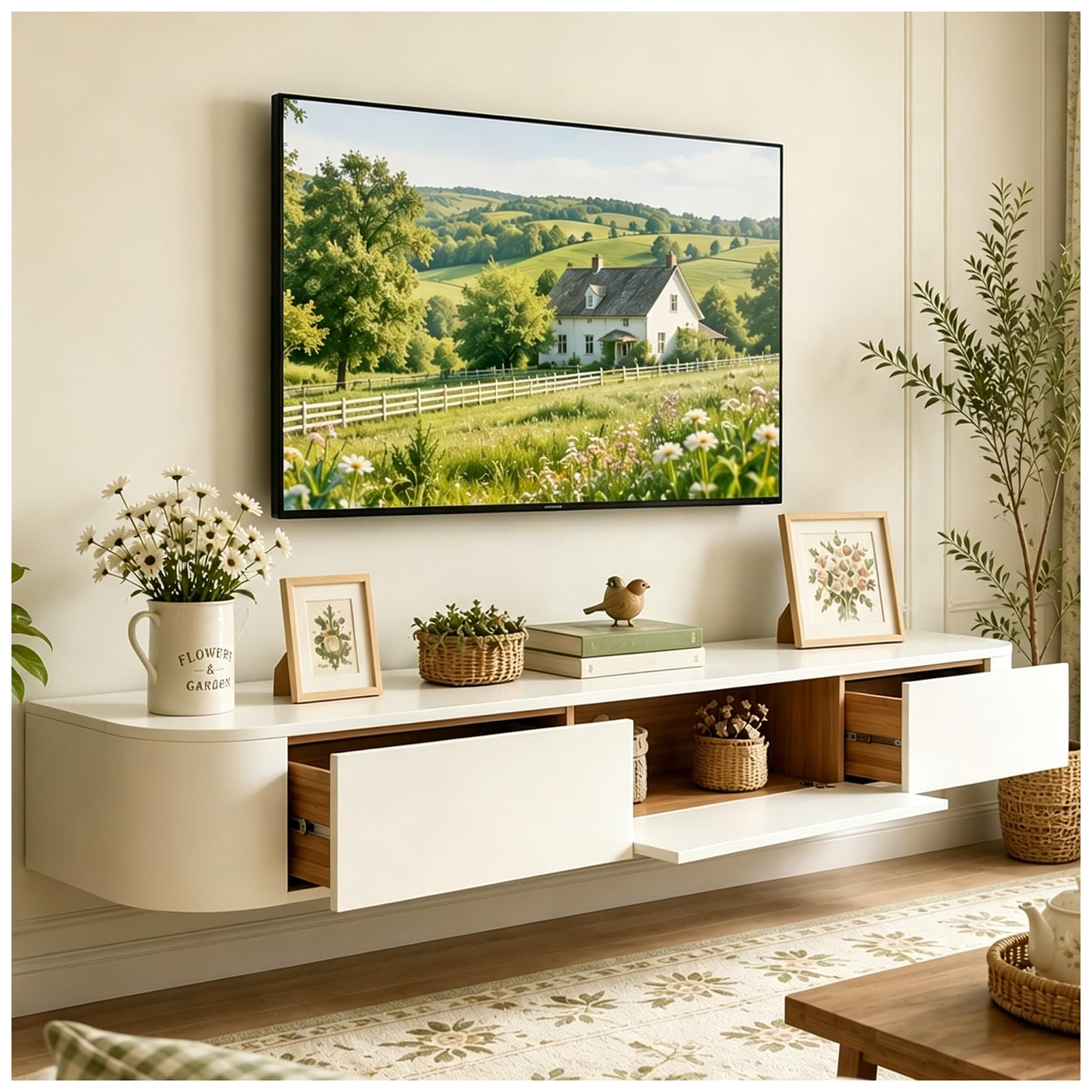Schwebende TV Schrank 140cm Weiß, TV Lowboard Hängend mit 2 Schubladen & 1 Klappen Türen, TV Board Hängend mit Kabelmanagement, Hänge Sideboard für Wohnzimmer und Esszimmer