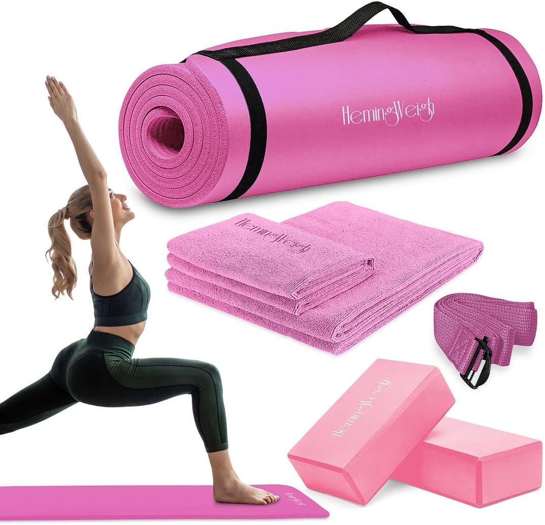Yoga Mat Thick, Yoga Kit for Home Workouts, 1/2 Inch Thick Yoga Mat for Women, Men, Non Slip Yoga Mat with Yoga Foam Blocks, Yoga Strap, 2 Microfiber Towels, Beginner Friendly