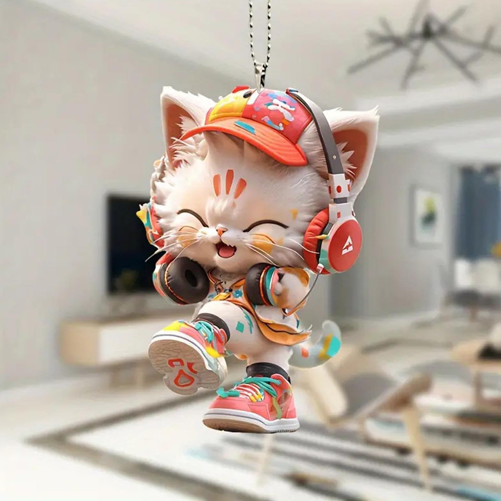 Ornement De Voiture Chat Avec Casque En Acrylique 8 Cm - Pendentif Pour Rétroviseur, Sac Ou Sac à Dos - 8
