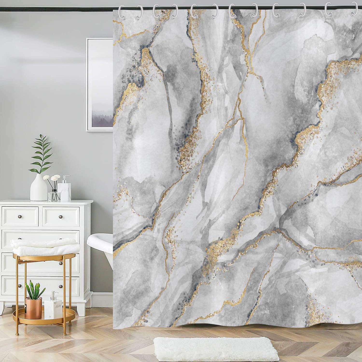 ASDCXZ Marble Shower Curtain 165x180 cm, Modern Abstract Grey White Gold Marble Optic Texture Colorful Washable Shower Curtains Polyester Textile Waterproof Bath Curtain for Bathtub with 12 Hooks