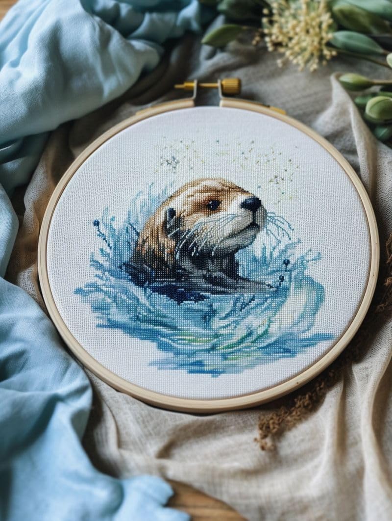 Generic Sea Otter Cross Stitch Kits for Beginners Pattern Stamped Cross-Stitch Supplies Needlework DIY 11CT 3 Strands Cotton Thread Printed DIY Needlepoint Kits 35×35cm (CY98), FIF-YPCXU301-98